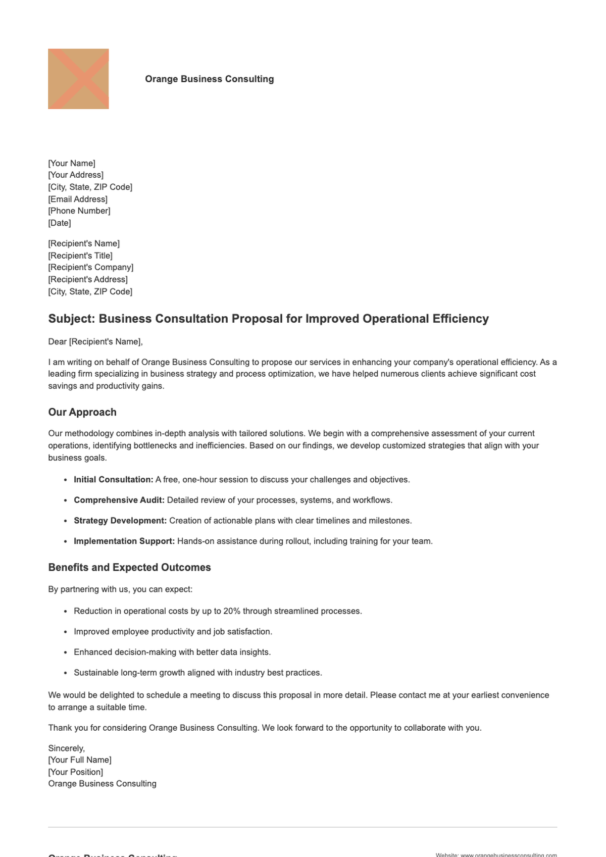 Professional business letterhead template with orange logo and footer contact details_variant_1